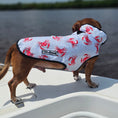 Load image into Gallery viewer, Dog wearing a coat with crab pattern on a boat
